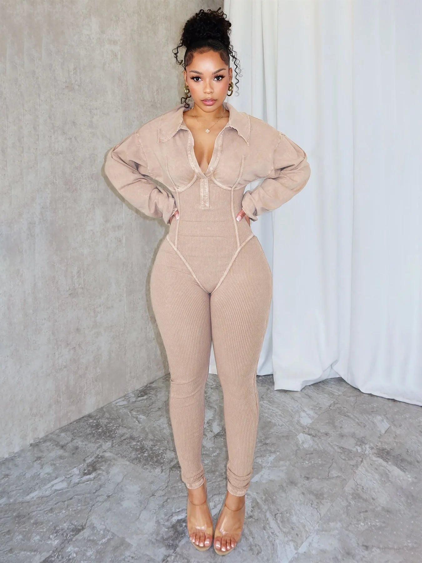 Fashion Women's Washing Old Sexy Deep V Tight Long Sleeve Autumn Winter Jumpsuit Pencil Pants High Waist Sportswear Casual