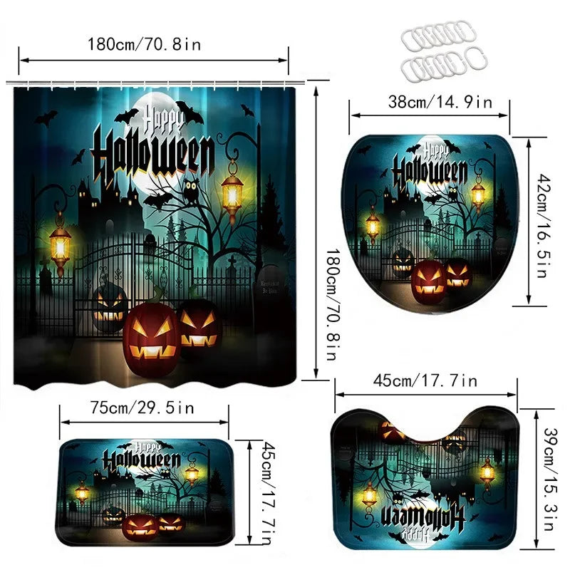 Halloween Elements 3D Digital Printing Shower Curtain Bathroom Waterproof Partition Curtain 180*180 Four-piece Set Holiday Dress