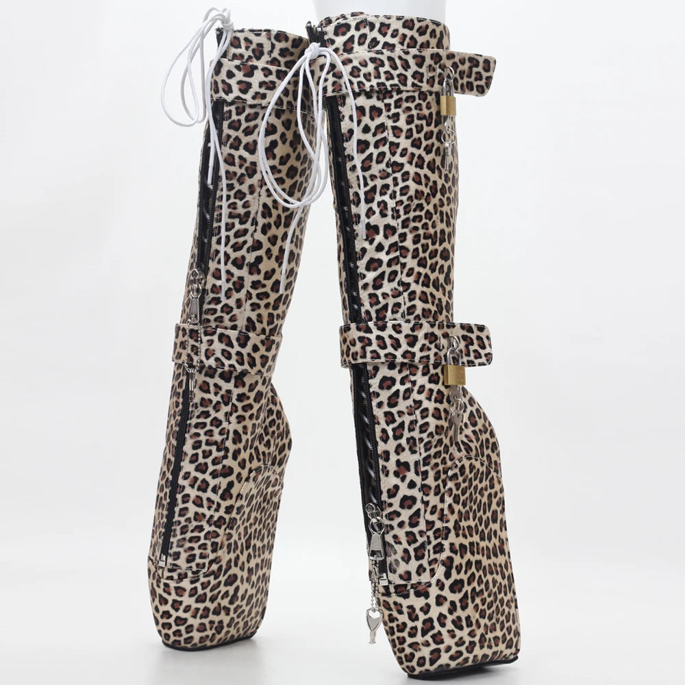 jialuowei Women Sexy Boots 18cm High Wedge Heel Heelless Sole Lockable Zipper padlocks Knee-High Ballet Boots Unisex Shoes