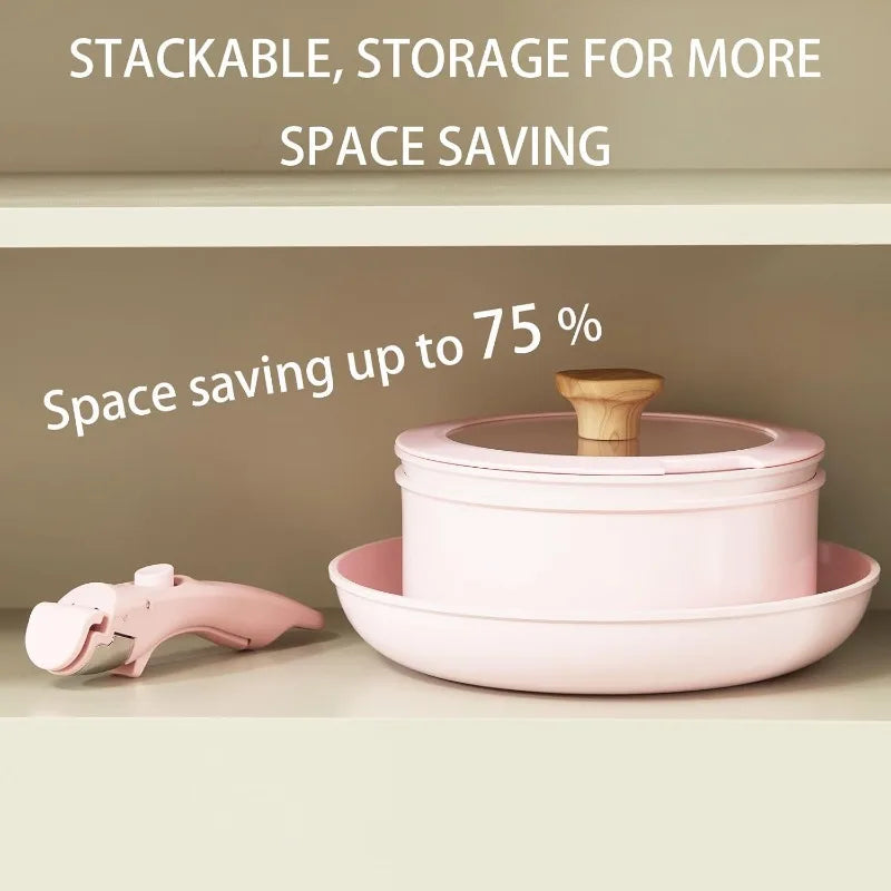 pink pots and pans set removable handle non stick, detachable handle ceramic cookware set kitchen cooking oven dishwash