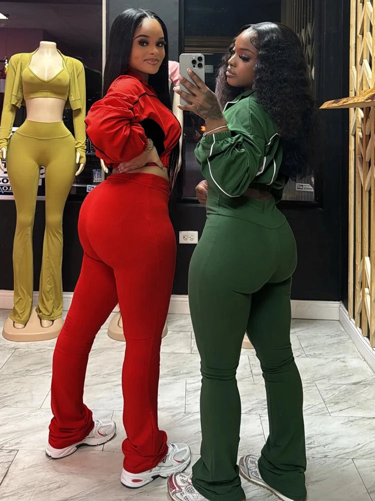 2025 Trendy Women Clothes Contrast Color Tracksuit Zip Crop Jacket and High Waist Flare Pants Suit Sports Gym 2 Two Piece Set