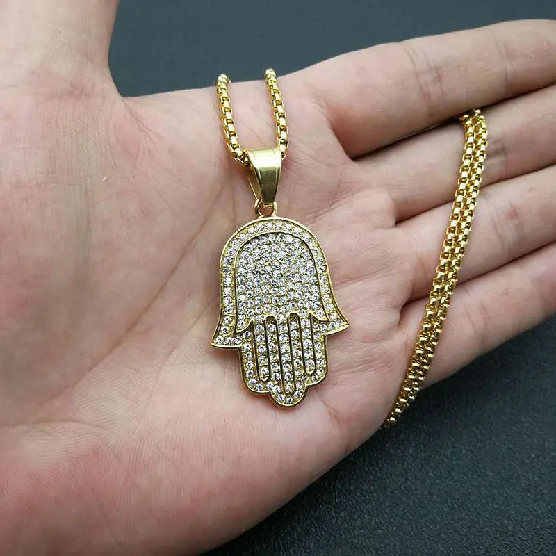 Hip Hop Full Zircon Pave Bling Iced Out Fatima Hand Pendants Necklace Mens Gold Color 316L Stainless Steel Chain Jewerly
