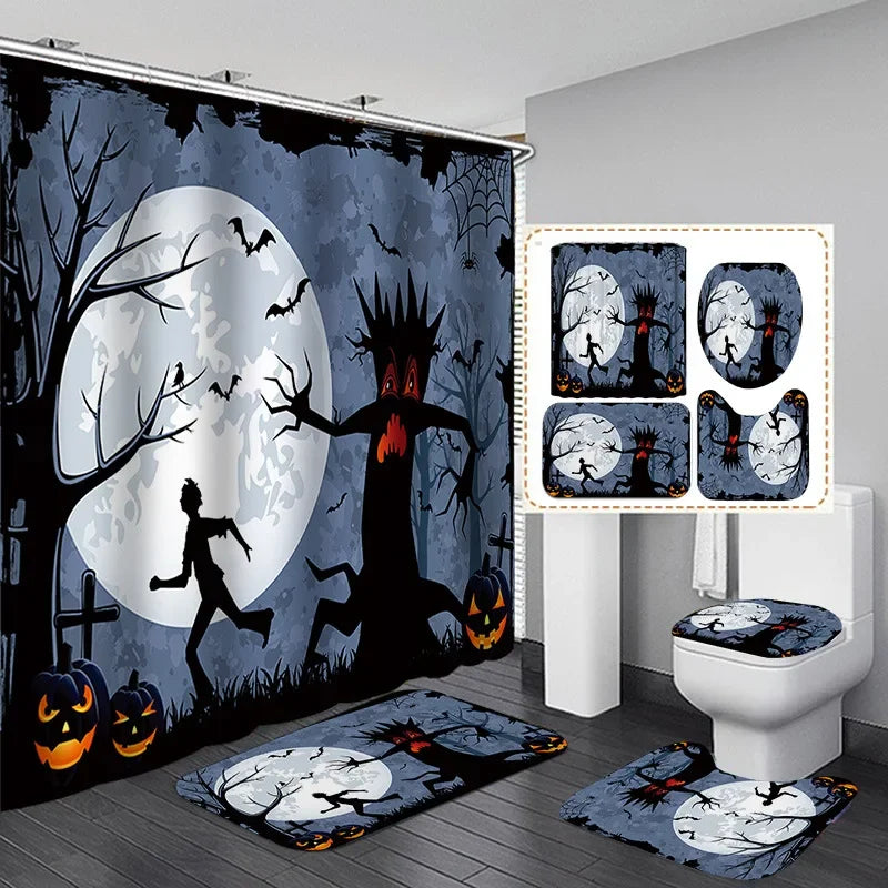 Halloween Elements 3D Digital Printing Shower Curtain Bathroom Waterproof Partition Curtain 180*180 Four-piece Set Holiday Dress