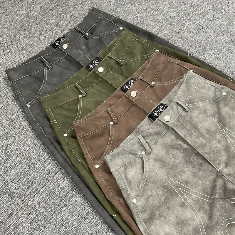 High Street Trend THUG CLUB Pu Leather Pants Hip Hop Men's Loose Embroidery Logo Straight-leg Trousers Thug Club Casual Pants