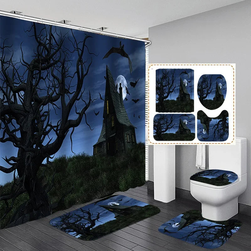 Halloween Elements 3D Digital Printing Shower Curtain Bathroom Waterproof Partition Curtain 180*180 Four-piece Set Holiday Dress