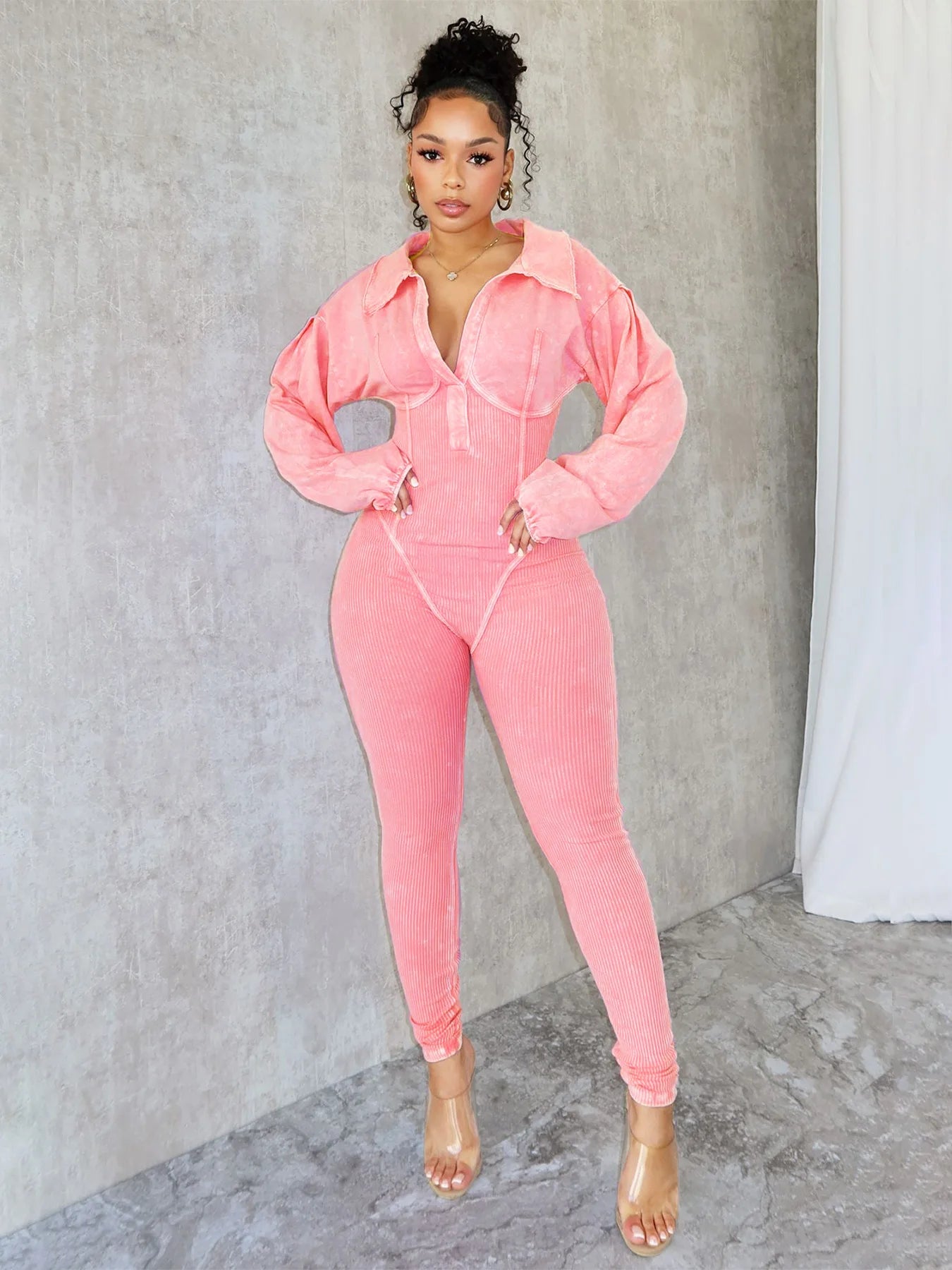 Fashion Women's Washing Old Sexy Deep V Tight Long Sleeve Autumn Winter Jumpsuit Pencil Pants High Waist Sportswear Casual