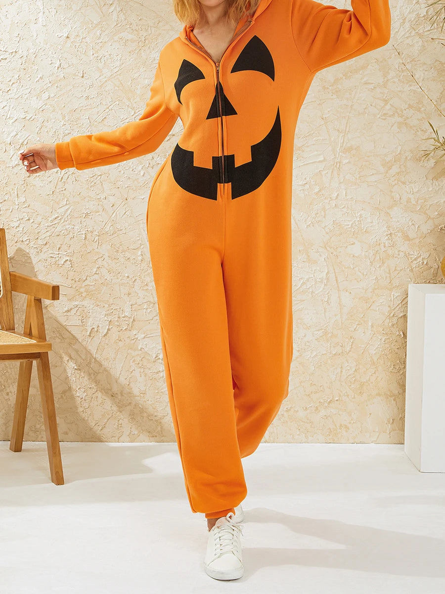 Cute Matching Halloween Pajamas Set with Fun Prints and Zipper Closure for Couples - Cozy Hooded Romper Sleepwear for