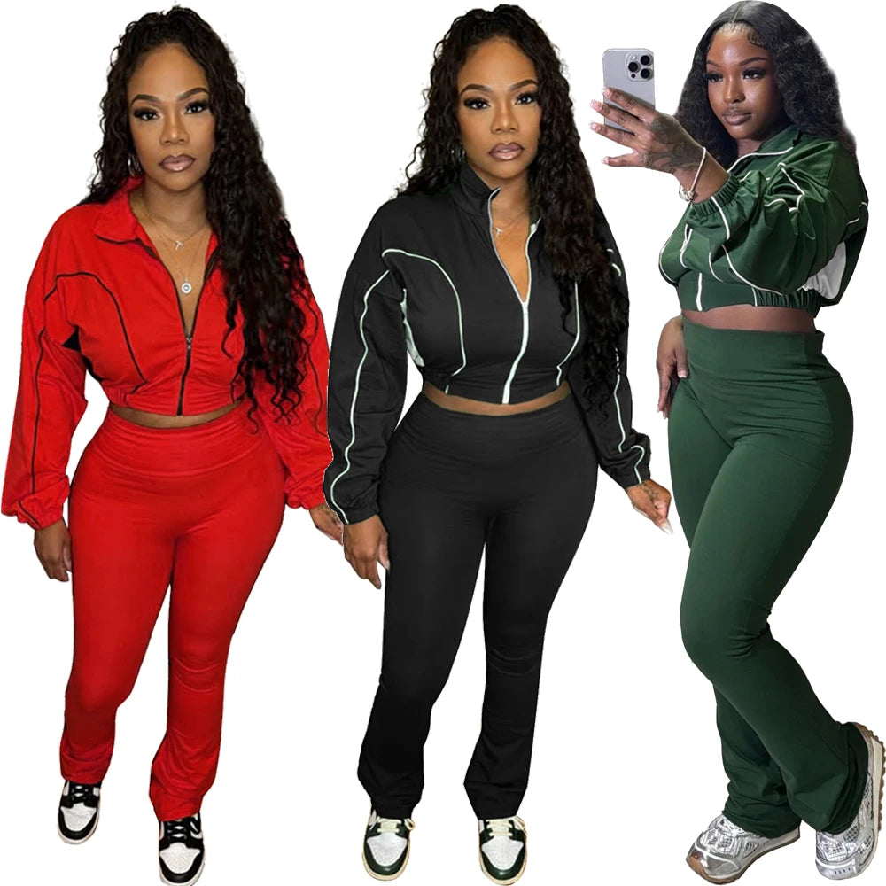 2025 Trendy Women Clothes Contrast Color Tracksuit Zip Crop Jacket and High Waist Flare Pants Suit Sports Gym 2 Two Piece Set