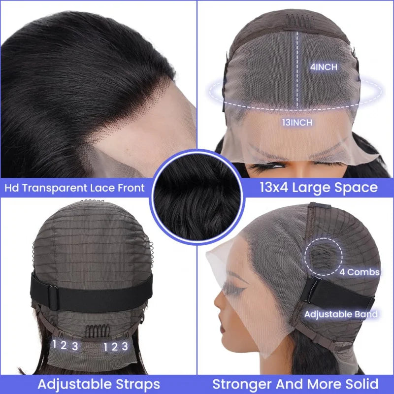 13x4 Body Wave Human Hair Lace Front Wig 180% Density HD Transparent 9A For Women 18Inch Natural