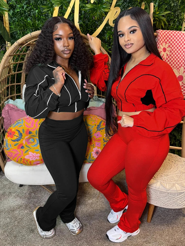 2025 Trendy Women Clothes Contrast Color Tracksuit Zip Crop Jacket and High Waist Flare Pants Suit Sports Gym 2 Two Piece Set