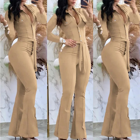 Casual Flared Pants Jumpsuit Women Solid Button Down High Waist Party Club Night Out Evening Jumpsuit with Belt