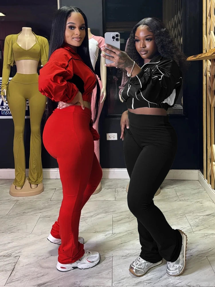 2025 Trendy Women Clothes Contrast Color Tracksuit Zip Crop Jacket and High Waist Flare Pants Suit Sports Gym 2 Two Piece Set