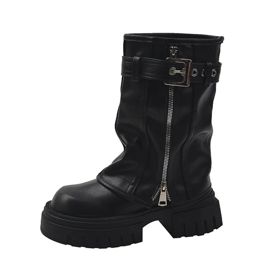 Autumn Winter Women Biker Boots Fashion Belt Buckle Ladies Elegant Platform Flats Short Booties Casual Women's Knight Booties