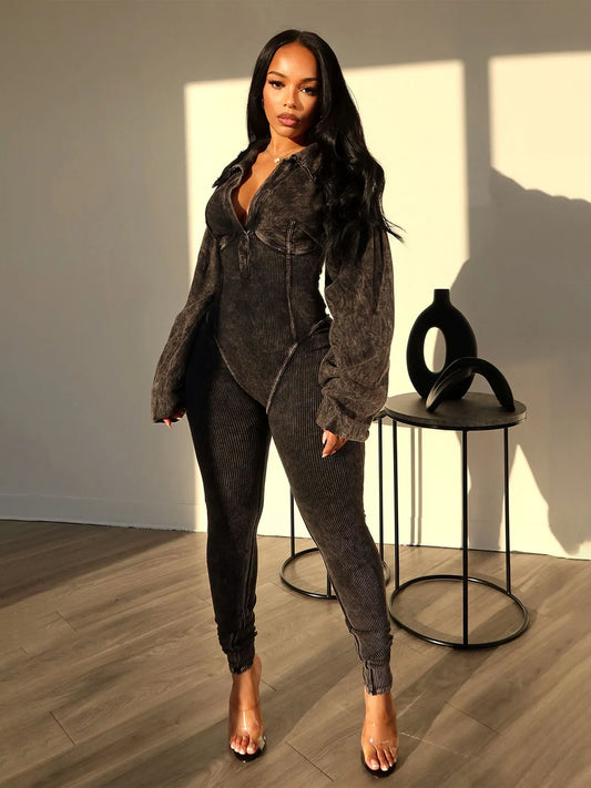 Fashion Women's Washing  Old Sexy Deep V Tight Long Sleeve Autumn Winter Jumpsuit Pencil Pants High Waist Sportswear Casual