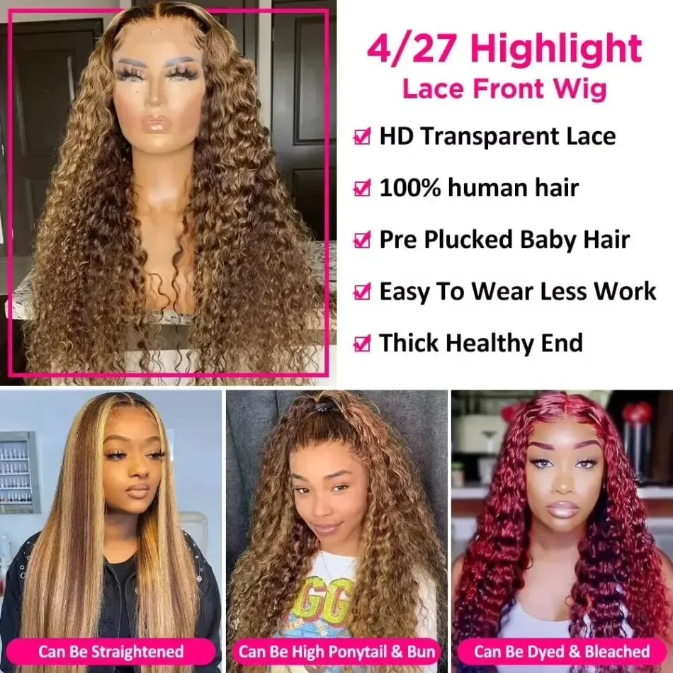 427 Highlight Ombre Wig Human Hair 13X6 Hd Lace Frontal Wigs Honey Blonde 360 Full Lace Wig Deep Wave Human Hair Wigs 30 32 Inch