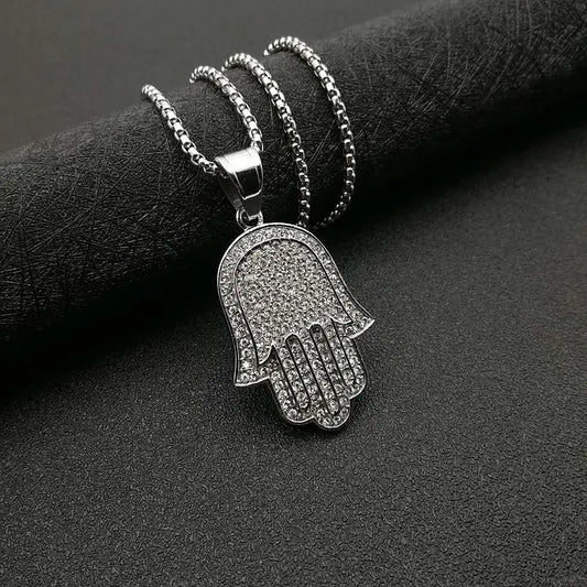 Hip Hop Full Zircon Pave Bling Iced Out Fatima Hand Pendants Necklace Mens Gold Color 316L Stainless Steel Chain Jewerly