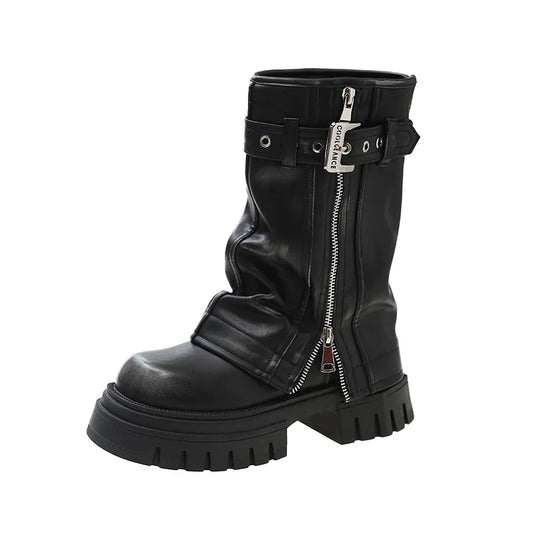 Winter Women Biker Boots Fashion Belt Buckle Ladies Elegant Platform Flats Short Booties Casual Women's Knight Booties41-46