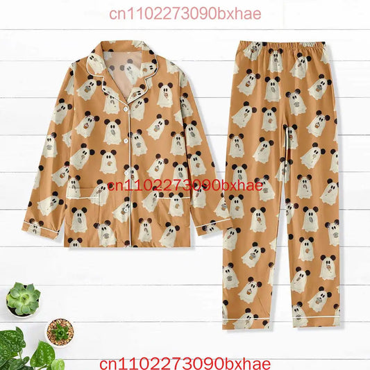 Halloween Pattern Pajamas Set Mickey Mouse Pumpkin Pajamas Magic Kingdom Cartoon Characters Sleepwear Holiday Long Sleeve Pajama