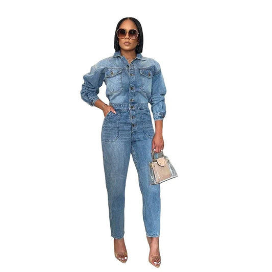 Streetwear Jeans Jumpsuit Autumn Clothes Women 2025 Full Sleeve Turn Down Collar Denim Rompers Cowboy One Pieces Overalls Outfit