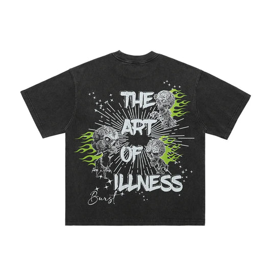 LawFoo American trendy brand washed retro old large print pure cotton short-sleeved T-shirt men and women street hip-hop