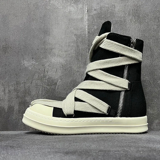 Men Women High-TOP Shoes Casual Canvas Jumbo Lace Up Sneakers Luxury Designer Zip Hip Hop Autumn Flats Black Boots