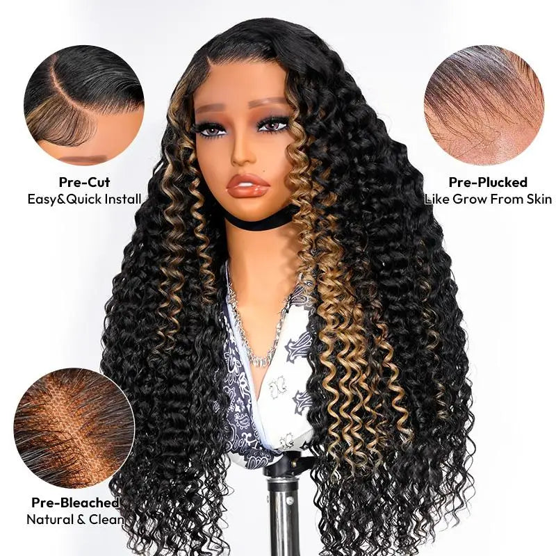 Alipearl Hair Glueless Wig Side Part Highlight Deep Wave Lace Front Wig Human Hair Pre Cut Hairline Balayage 13x4 Wig Human Hair