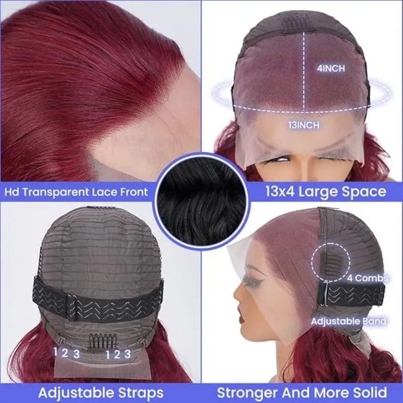 99J Burgundy 13x4 Lace Front Human Hair Wig 180% Density Body Wave Glueless Red Wig 18 Inch For Black Women