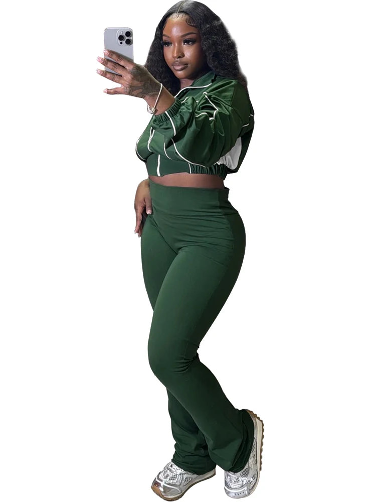 2025 Trendy Women Clothes Contrast Color Tracksuit Zip Crop Jacket and High Waist Flare Pants Suit Sports Gym 2 Two Piece Set