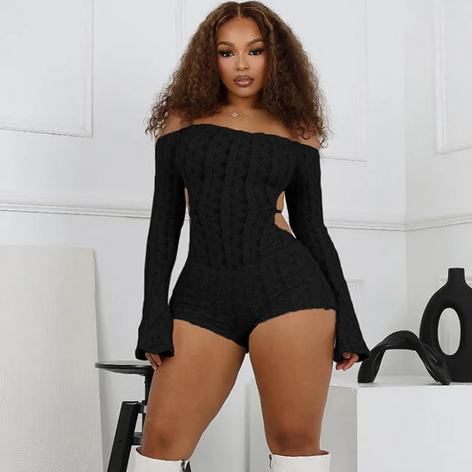 Backless Romper Women Knit Thin Fall Slash Neck Full Sleeve Hipster Playsuit Street Workout Activity Shorts Overalls