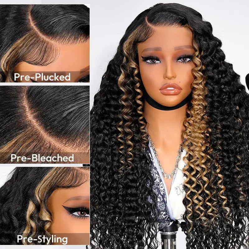 Alipearl Hair Glueless Wig Side Part Highlight Deep Wave Lace Front Wig Human Hair Pre Cut Hairline Balayage 13x4 Wig Human Hair