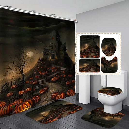 Halloween Elements 3D Digital Printing Shower Curtain Bathroom Waterproof Partition Curtain 180*180 Four-piece Set Holiday Dress