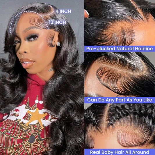 13x4 Body Wave Human Hair Lace Front Wig 180% Density HD Transparent 9A For Women 18Inch Natural