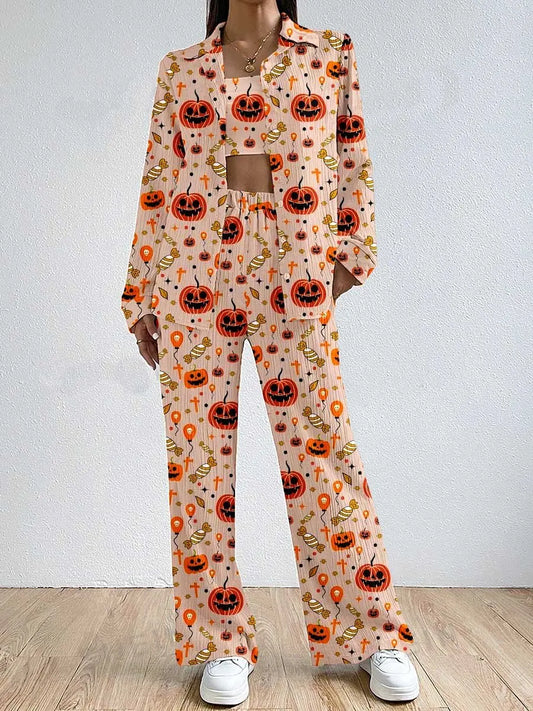 Women Halloween Pajama Set Pumpkin Bat Print Long Sleeve Top with Pants Sleepwear Loungewear