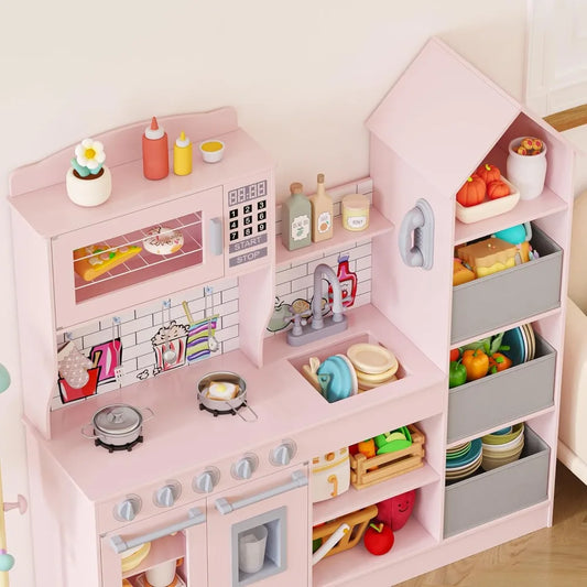 Wooden Play Kitchen for Kids, Playset Chef Pretend with Storage System, Realistic Appliances, Smart Storage & 15 Fun Accessories