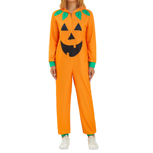 Cute Matching Halloween  Pajamas Set with Fun Prints and Zipper Closure for Couples - Cozy Hooded Romper Sleepwear for