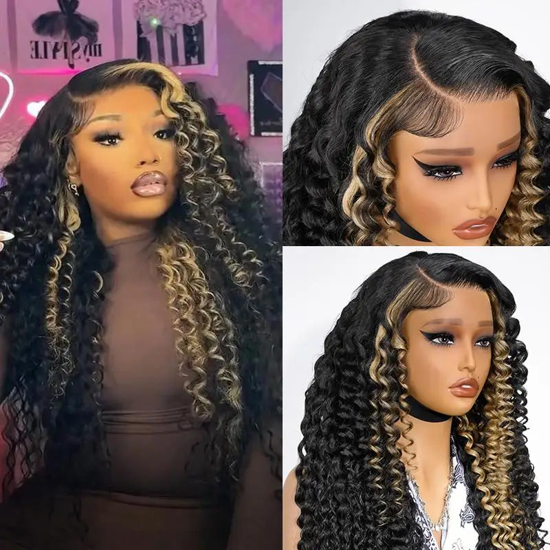 Alipearl Hair Glueless Wig Side Part Highlight Deep Wave Lace Front Wig Human Hair Pre Cut Hairline Balayage 13x4 Wig Human Hair