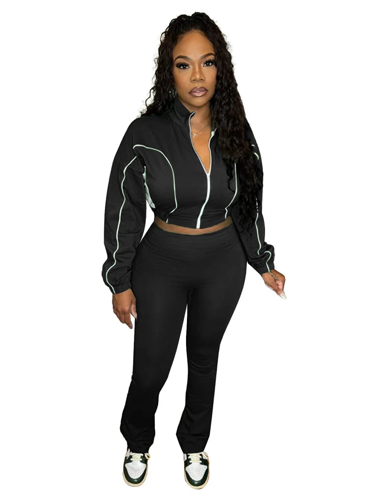 2025 Trendy Women Clothes Contrast Color Tracksuit Zip Crop Jacket and High Waist Flare Pants Suit Sports Gym 2 Two Piece Set