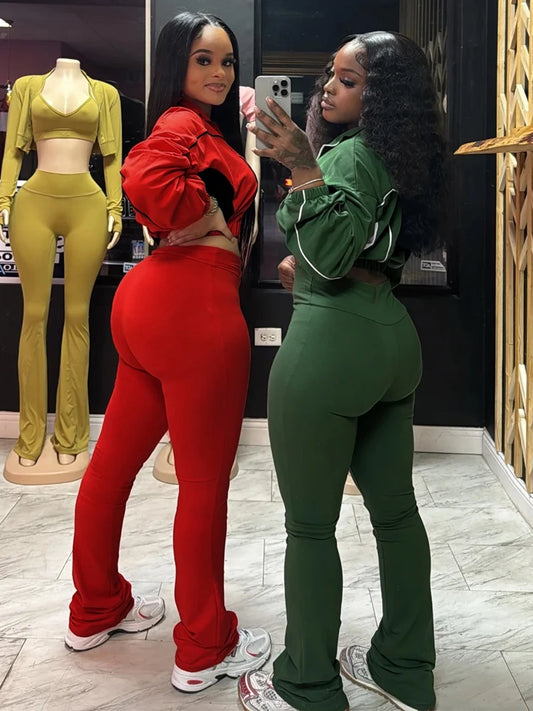 2025 Trendy Women Clothes Contrast Color Tracksuit Zip Crop Jacket and High Waist Flare Pants Suit Sports Gym 2 Two Piece Set