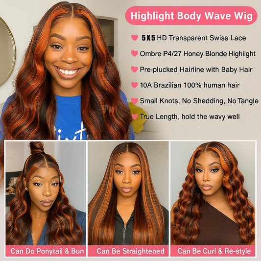 Brown Ginger Highlight Wigs Human Hair 5x5 Lace Frontal Body Wave Glueless Pre Cut Ombre Ginger Colored Hair Wigs For Women